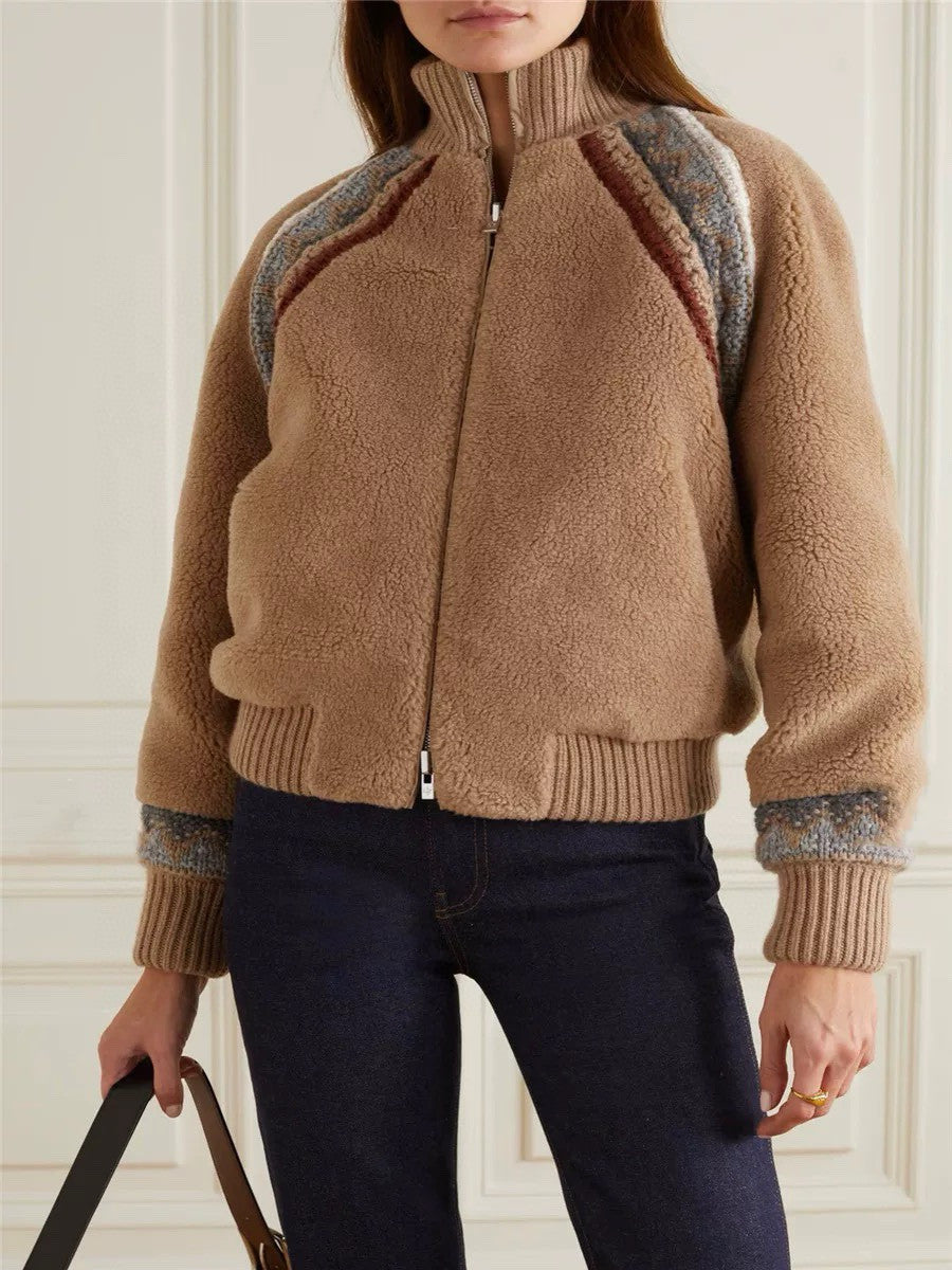 Loro Piana Women's Fall And Winter Color Clashing Knitted Jacquard Splicing Reversible Stand-up Collar Jacket Fashion Casual Elegant Sophisticated Baseball Jacket Jacket Ngvp #2651