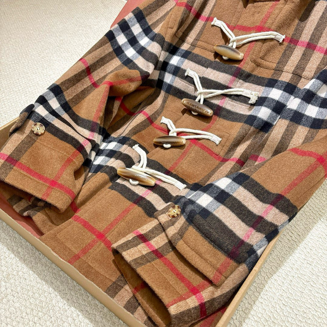 Burberry Men's And Women's Fall/winter Fashion Casual Checkered Hooded Single Breasted Short Coat With Horn Buttons Jacket #79427