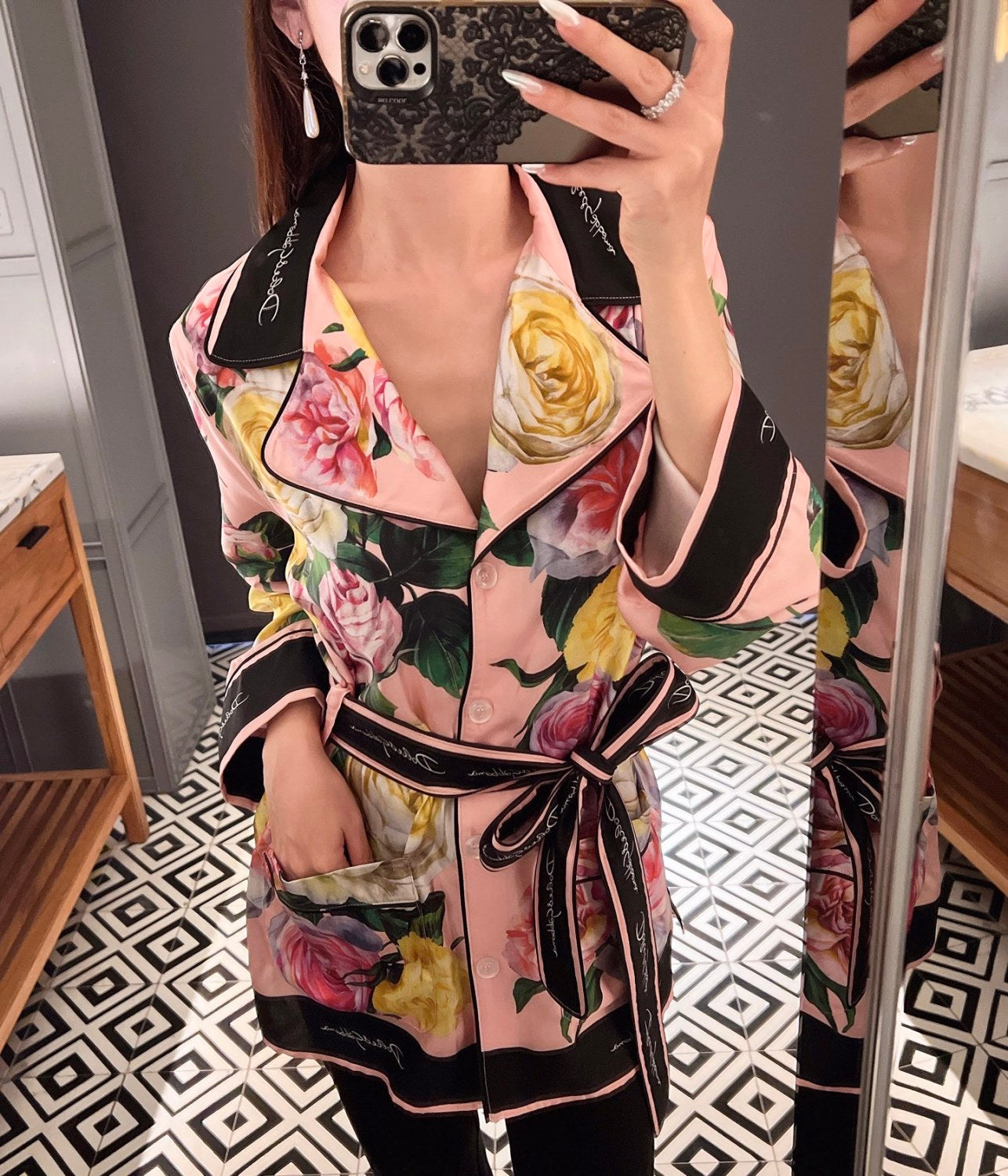 Dolce&Gabbana Women's Autumn/winter Floral Print Silk Satin Blouse  Shirt With Belted Collar Straight-leg Casual Trousers Pants Set Suit  Ngvp #2628