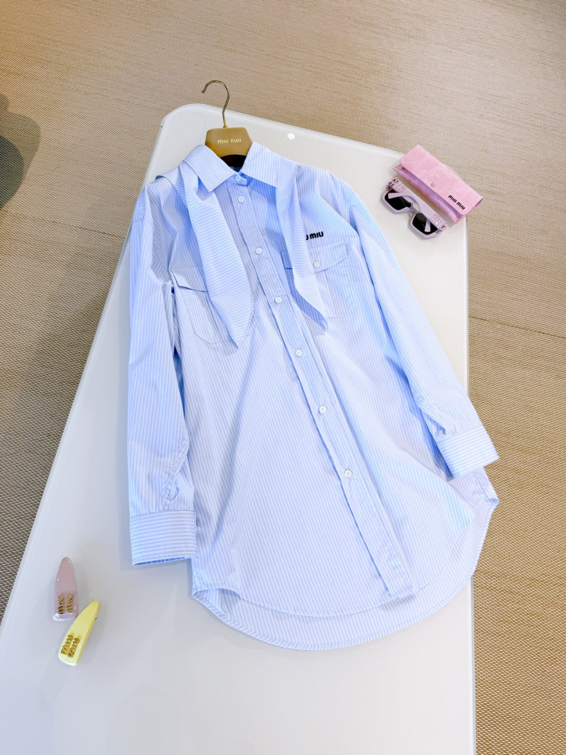 MiuMiu Women's Spring/summer Fashion Casual Scarf Striped Logo Embroidered Cotton Long Wide Cut Shirt #78398