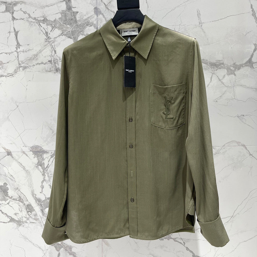 Saint Laurent Women's Lapel Embroidered Pocket Logo Shirt #333271