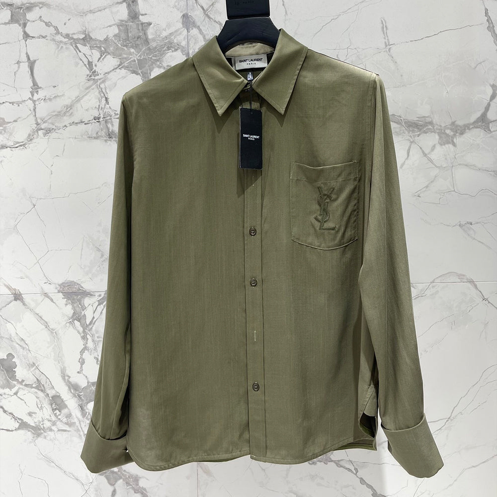 Saint Laurent Women's Lapel Embroidered Pocket Logo Shirt #333271