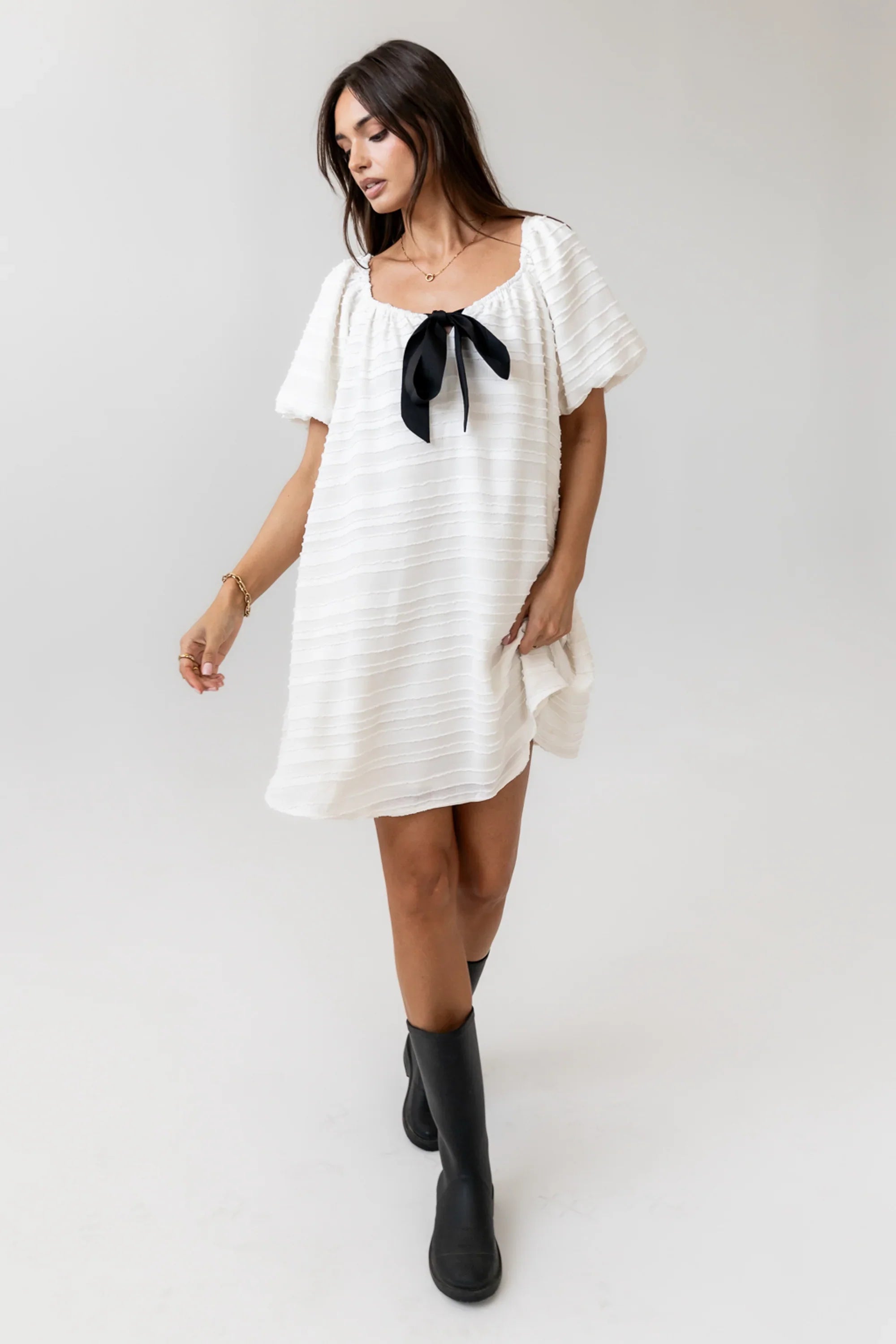 Minnie Textured Baby Doll Dress in Ivory