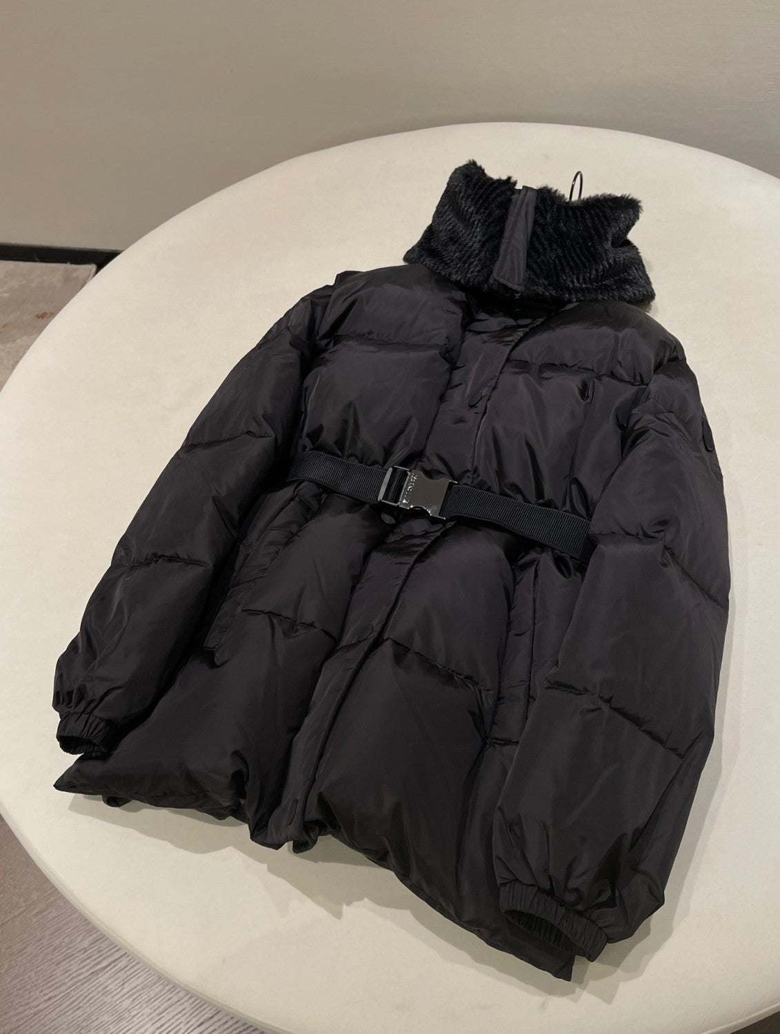 Moncler Women's Fall/Wimter Black Large Lapel Goose Down Jacket With Belt Nylon Short Style Light Jacket #332539