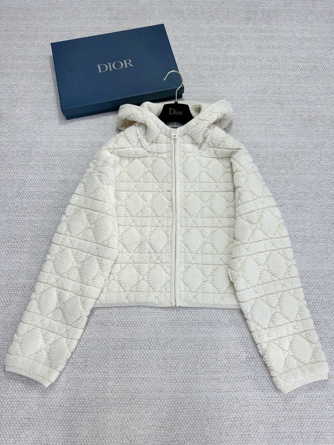DiorZip Hooded Cardigan White Sheep Wool Blend Textured Knit Cannage #332748