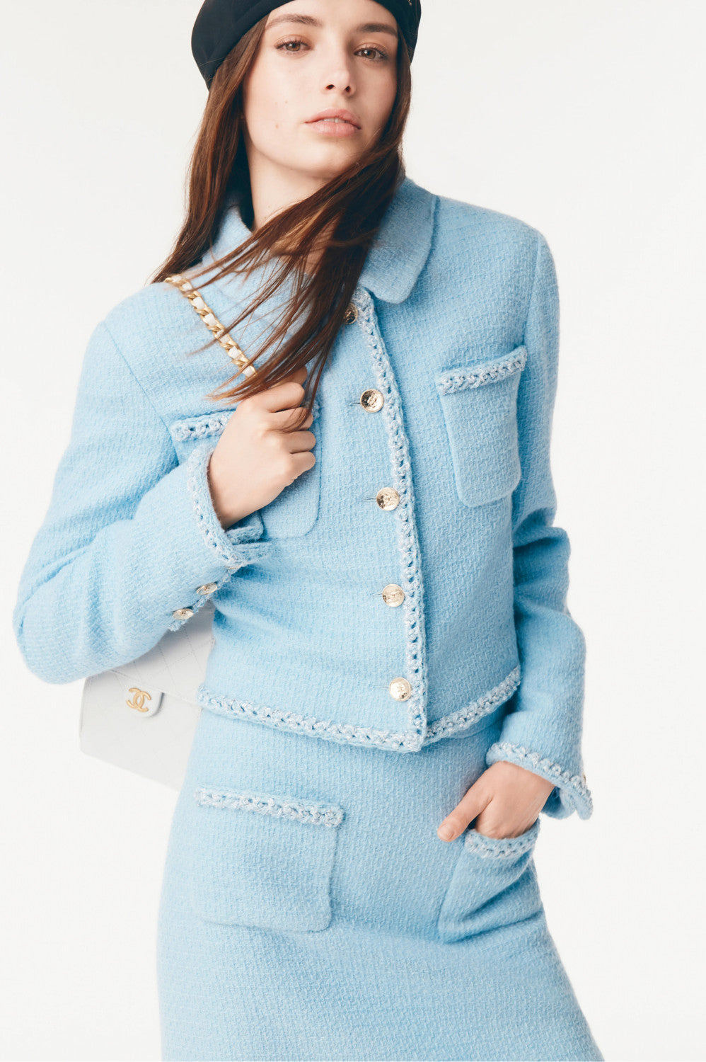 Chanel Women's Spring/Fall Wool Twill Single-Breasted Lapel Long-Sleeve Jacket Solid-Color Casual Skirt Suit Set Ngvp #2356