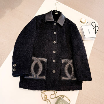 Chanel Women's Fall/Winter Fashion Classic Vintage Style Single Breasted Double C Wool Tweed Oversized Lapel Jacket #79455