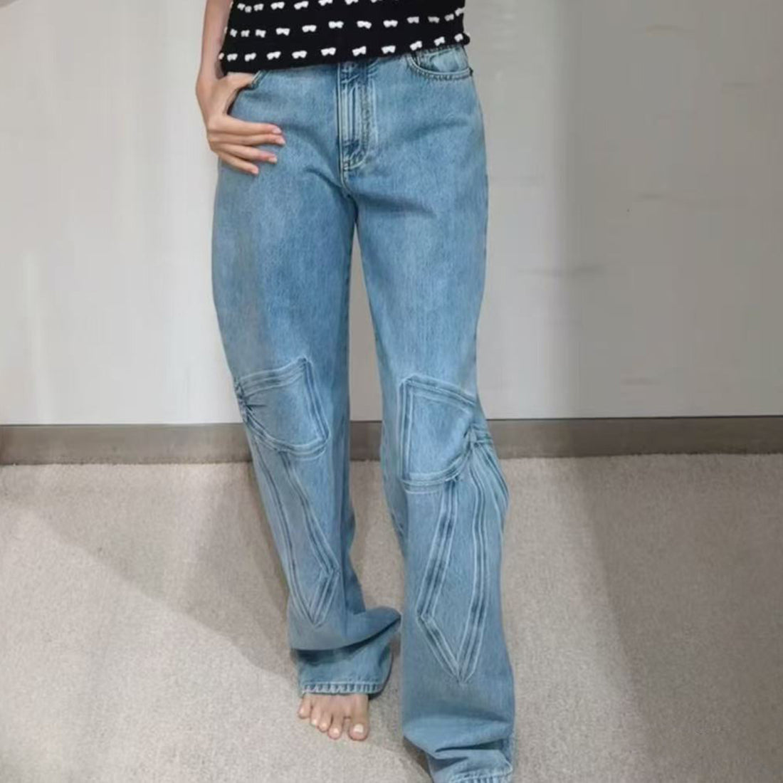 Chanel Women's Fall And Winter Light-colored 3d Bow Denim Pants Straight Casual Elegant Fashion Trend Pants Ngvp #2631