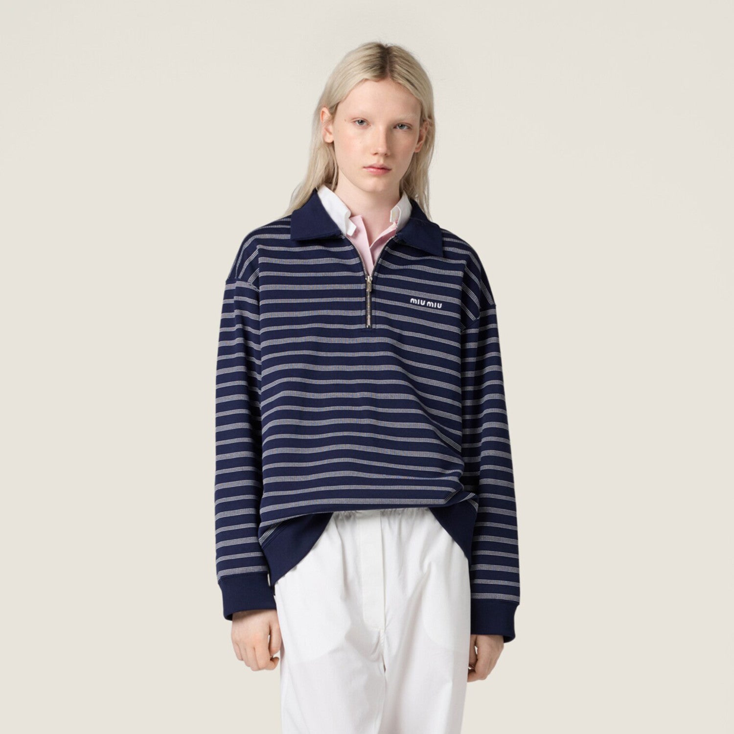 MiuMiu Women's Summer Logo Embroidered Cotton Loose-Fit Color-Block Striped Zipper Polo Shirt #81544