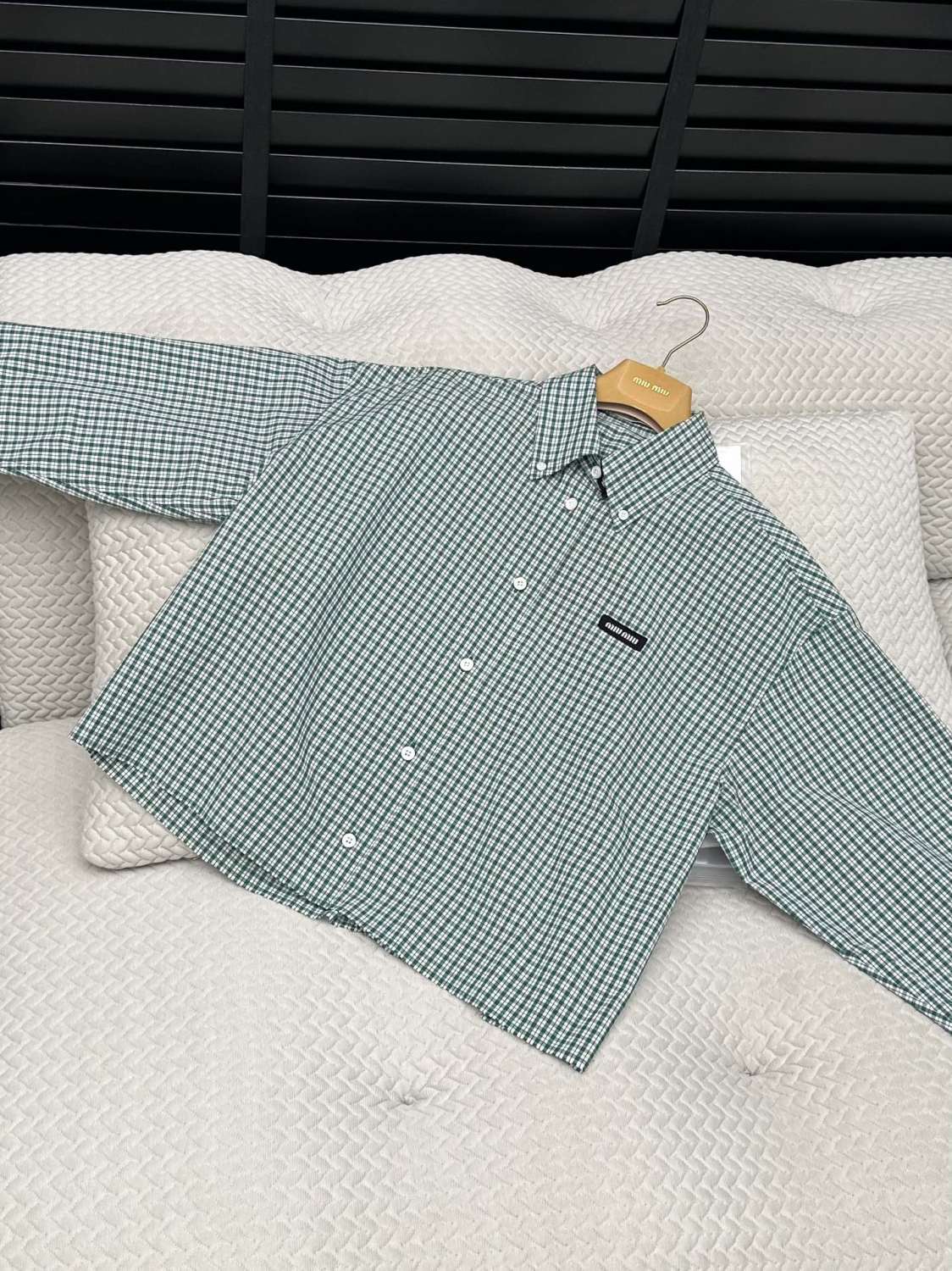 MiuMiu Women's Spring And Summer Green Plaid Shirt Logo Fashion Trend Elegant Casual Single-breasted Long-sleeved Jacket Shirt #81459