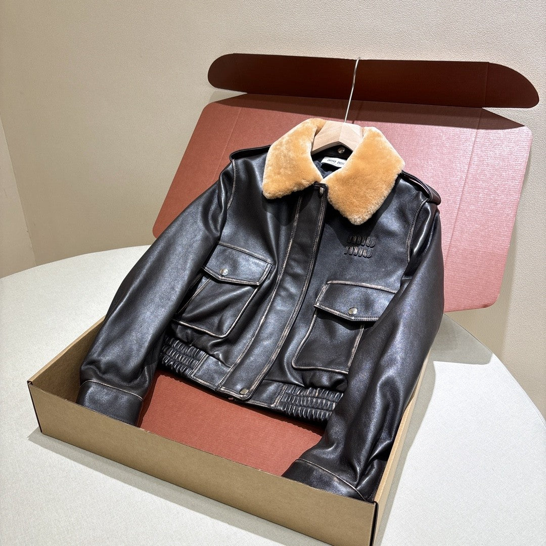 MiuMiu Women's Fur Collar Vintage Distressed Zip Black Nappa Leather Jacket #332783