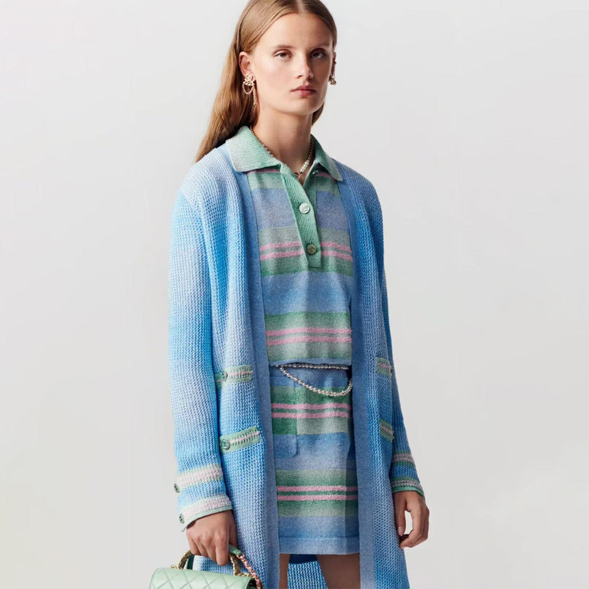 Chanel Women's Summer Striped Color-Blocked Double-Pocket Polo-Neck Long-Sleeve Knit Dress Ngvp #2516