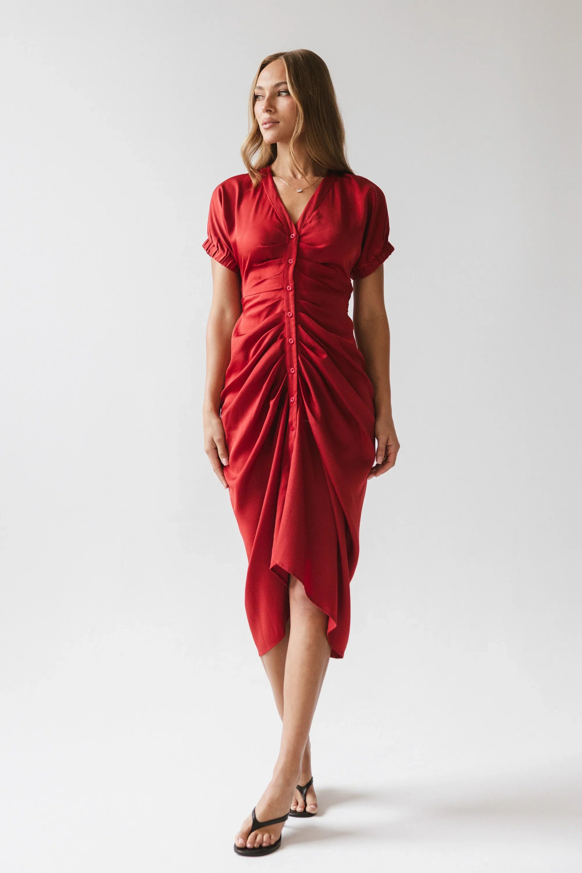 Opie Satin Midi Dress in Red-Orange