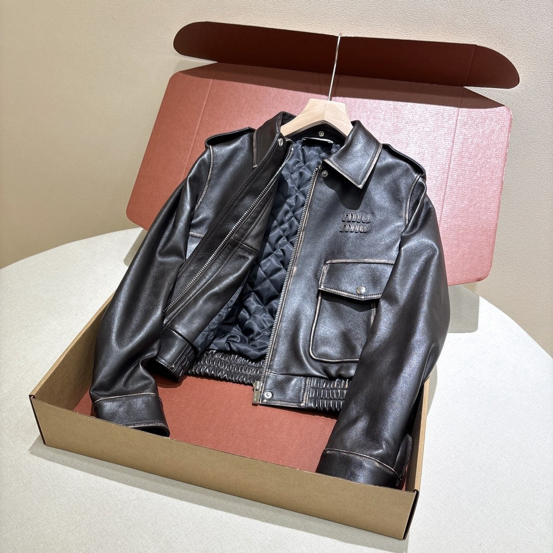 MiuMiu Women's Fur Collar Vintage Distressed Zip Black Nappa Leather Jacket #332783
