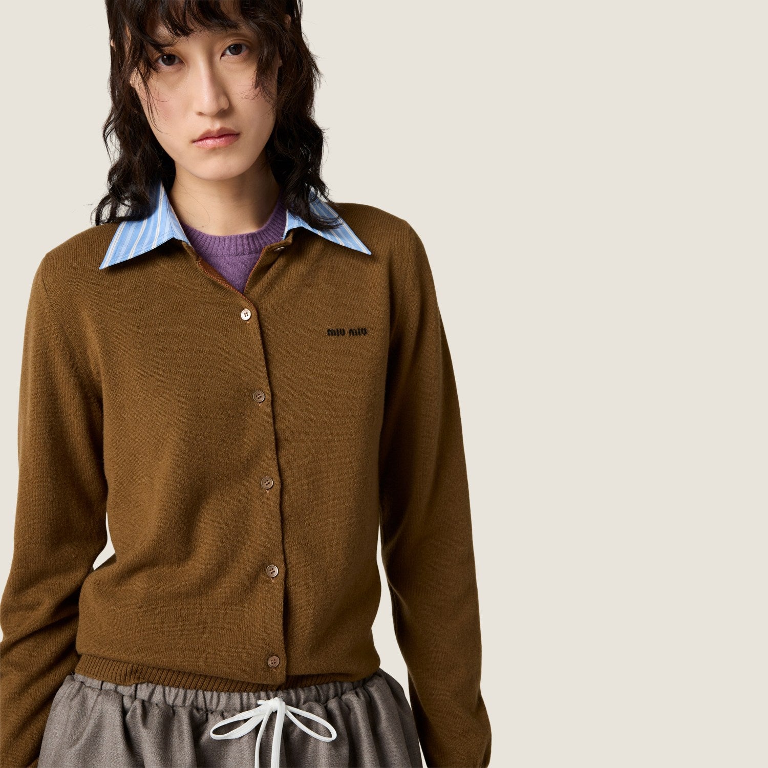 MiuMiu Women's Fall/Winter Fashion Classic Solid Color Lapel Single Breasted Solid Color Knit Long Sleeve Cardigan #79241