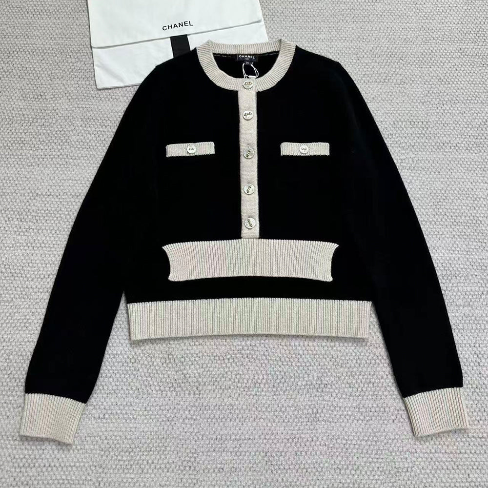 Chanel 25K Women's Little Fragrance Black and White Color Clash Button Bow Long Sleeve Knitted Cardigan #332367