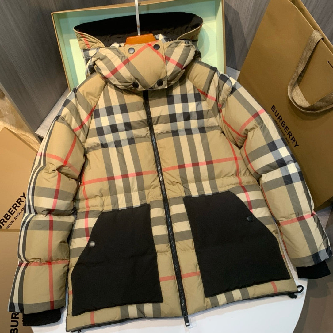 Burberry Fashion Casual High Neck Hooded Zipper Plaid Detachable Hood Plaid Recycled Polyester Down Jacket #79372