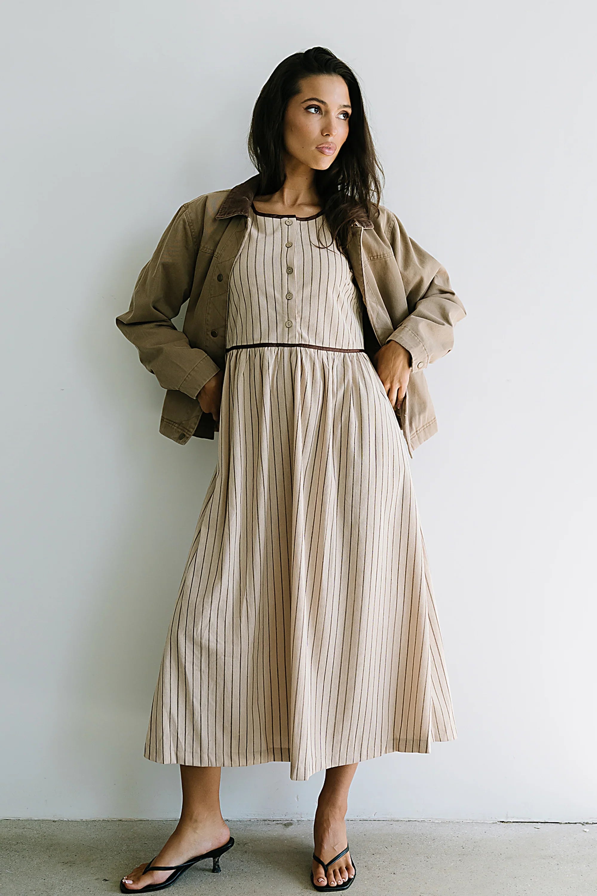 Berlin Corduroy Baby Doll Midi Dress in Taupe