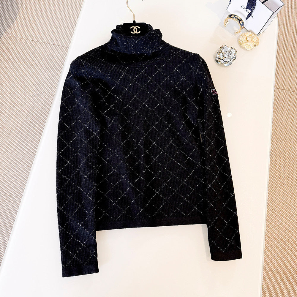 Chanel Turtleneck Pullove Sequined Wool Black Gold Silve #333816