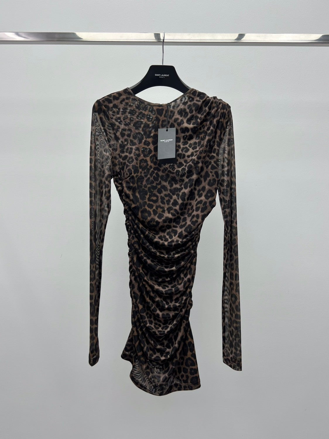 Saint Laurent Ruched Mini Dress in Leopard Tulle Jersey in Brown #334380