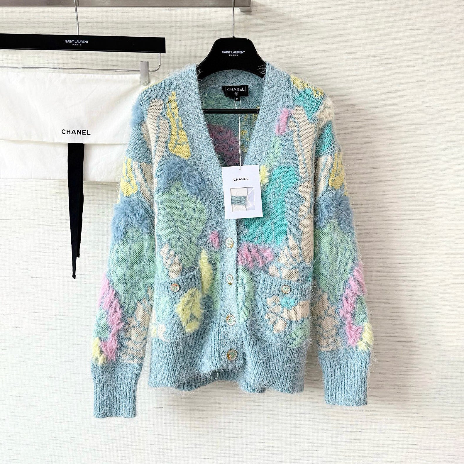 Chanel Women's Spring/Fall Fashion Classic Single Breasted High End Handmade Pure Wool Macaron Color Block Feather Floral Long Sleeved Cardigan Mid Length Casual Long Skirt Suit Set #78392