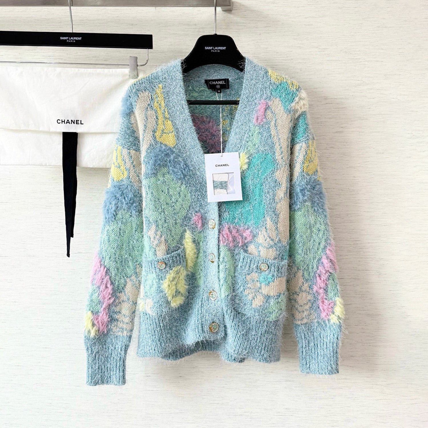 Chanel Women's Spring/Fall Fashion Classic Single Breasted High End Handmade Pure Wool Macaron Color Block Feather Floral Long Sleeved Cardigan Mid Length Casual Long Skirt Suit Set #78392
