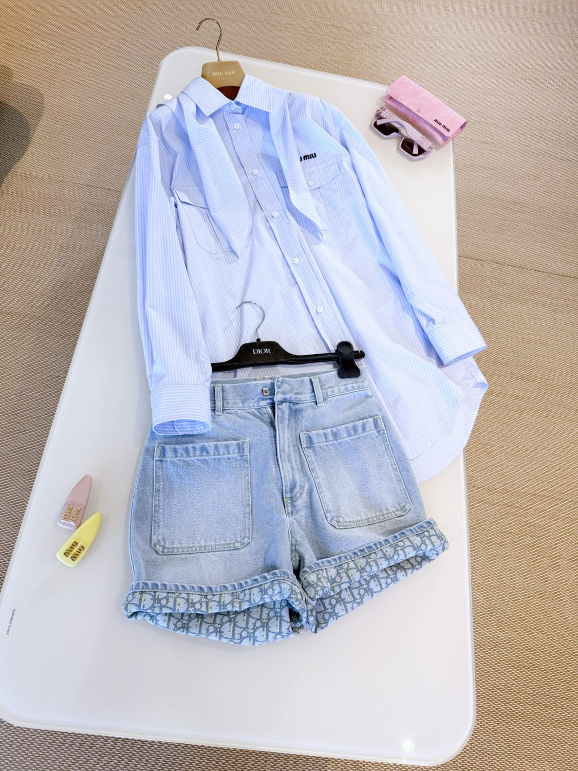 MiuMiu Women's Spring/summer Fashion Casual Scarf Striped Logo Embroidered Cotton Long Wide Cut Shirt #78398
