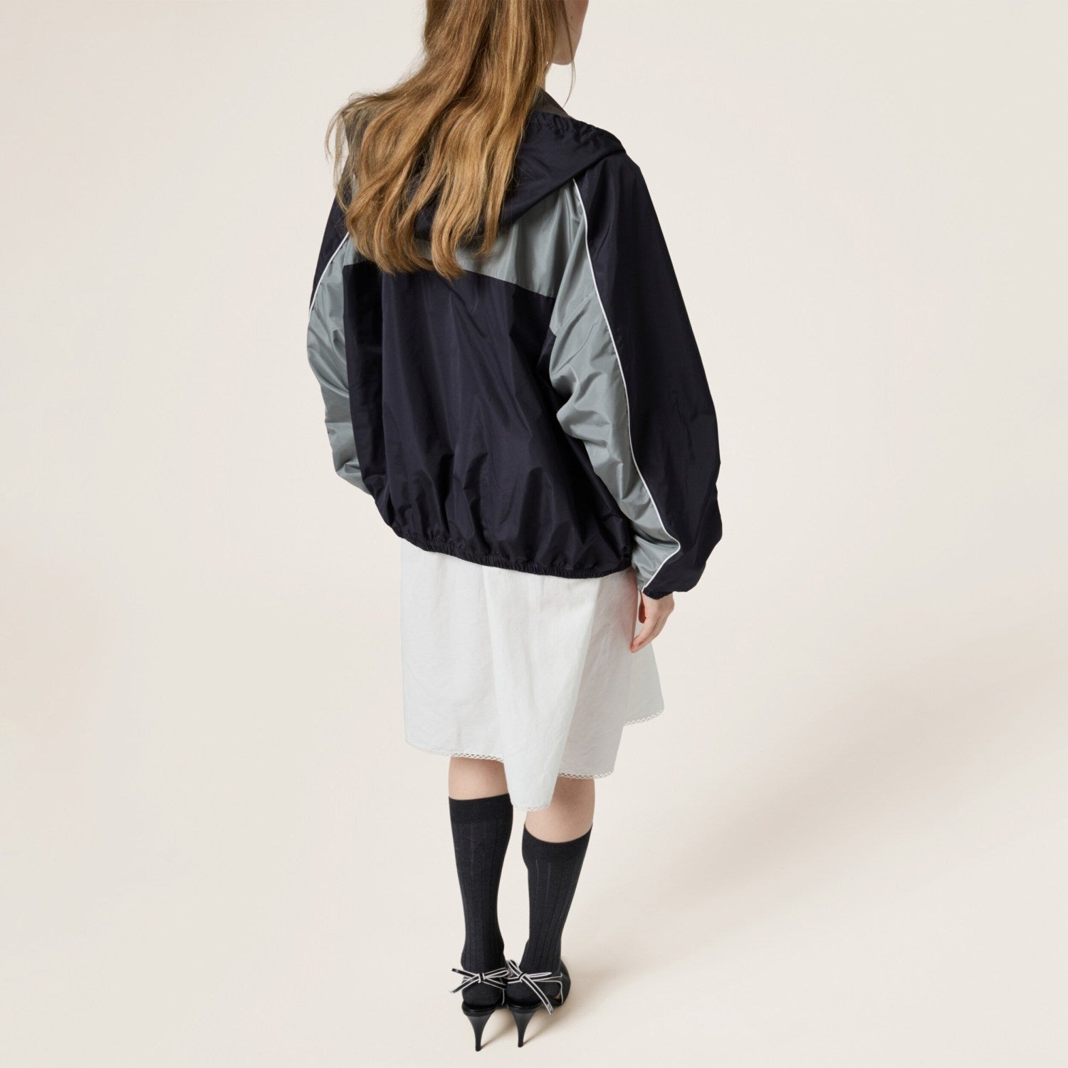 MiuMiu Women's Spring/Summer Striped Color-Block Logo Zipper Hooded Oversized Short Jacket #81594