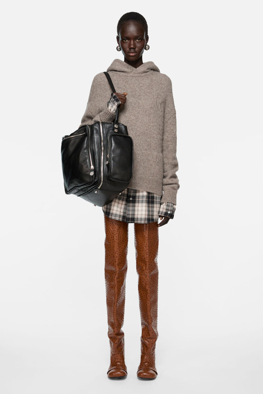 Acne Studios FW25 Women's Layered Wool Hoodie Beige Plaid Patchwork Sweater #332244