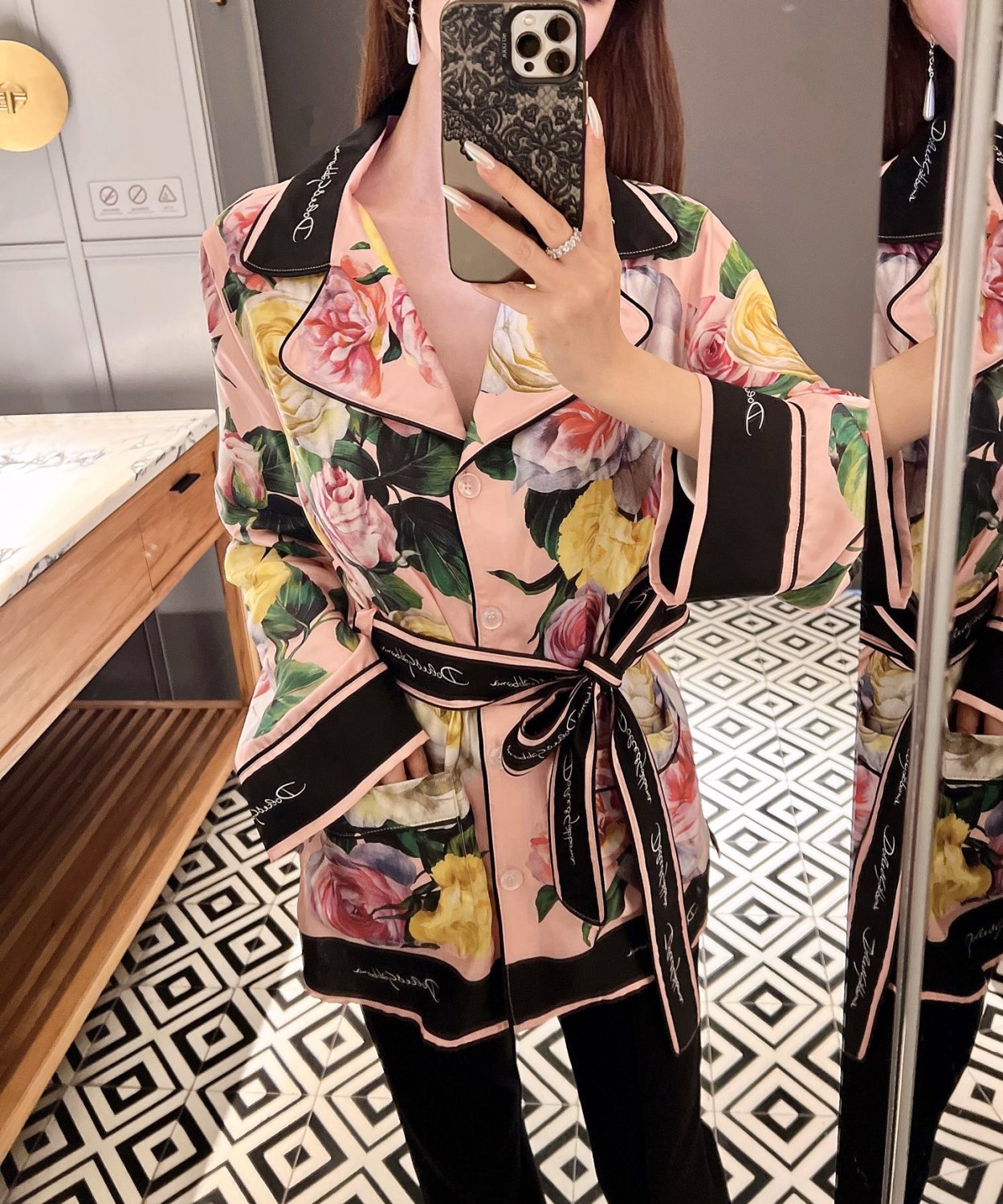 Dolce&Gabbana Women's Autumn/winter Floral Print Silk Satin Blouse  Shirt With Belted Collar Straight-leg Casual Trousers Pants Set Suit  Ngvp #2628