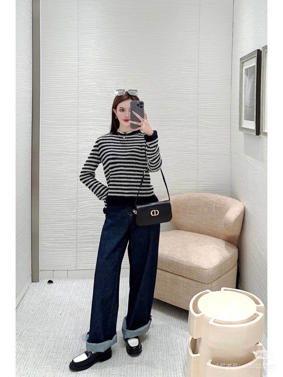 Dior Women's Striped Color-Blocked Spring/Fall Crewneck Pullover Long-Sleeve Knit Sweater Ngvp #2342
