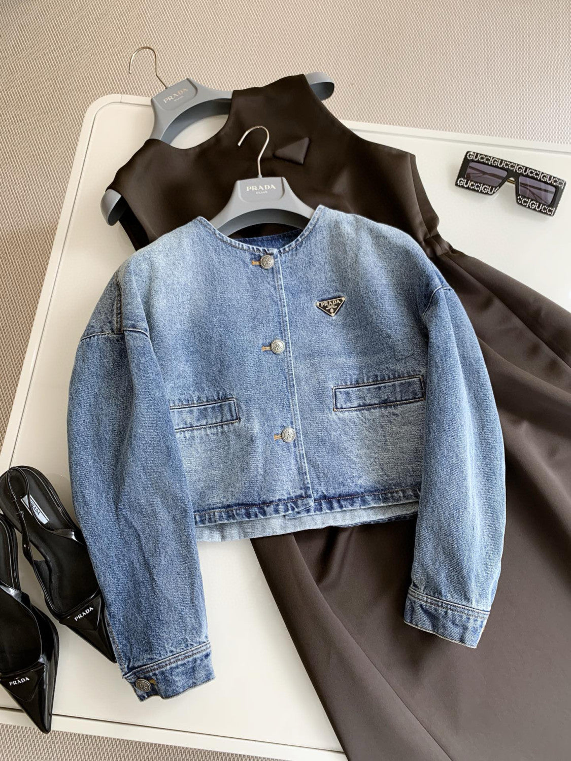 Prada Women's Spring/Summer/Fall Triangle Logo Waistband Denim Solid Color Single-Breasted Short Cotton Denim Blouson Jacket #81583
