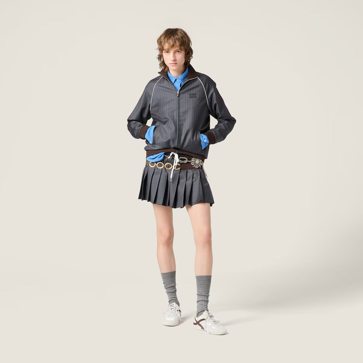 MiuMiu Women's Striped Wool Patchwork Stand-up Collar Zipper Spring/Autumn Long-sleeved Jacket Casual Stretch Solid Color Pleated Mini Skirt #81495