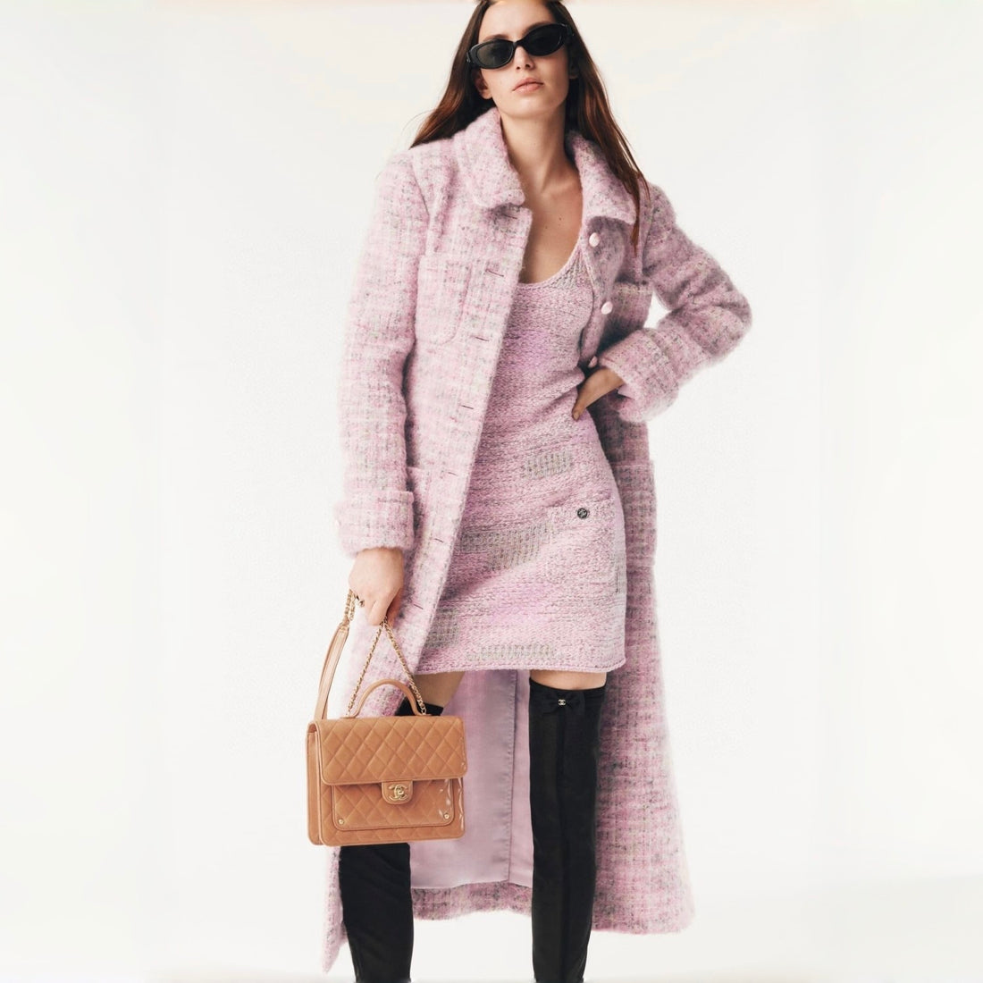 Chanel Women's Autumn And Winter Long Pink Tweed Coat Temperament Fashion Elegant Exquisite Mohair Wool Blend Double C Logo Jacket Ngvp #2637