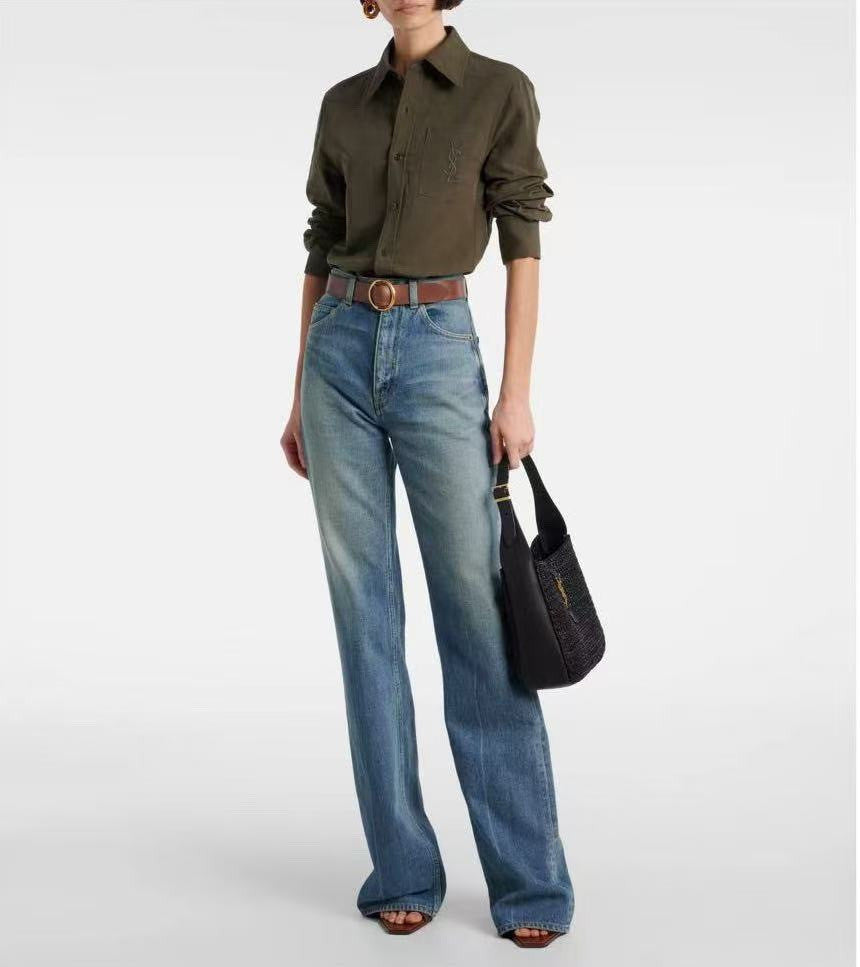 Saint Laurent Women's Lapel Embroidered Pocket Logo Shirt #333271