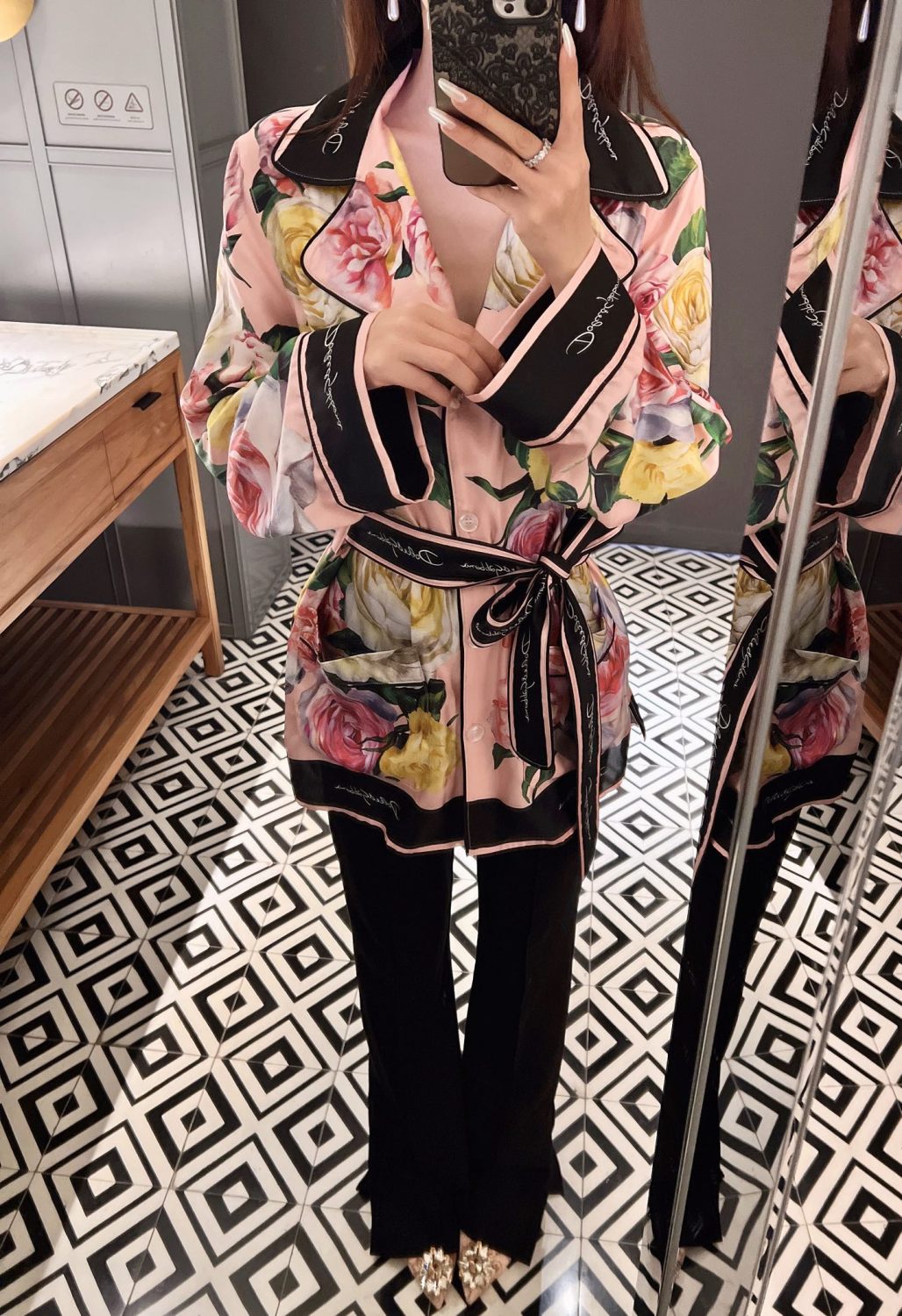 Dolce&Gabbana Women's Autumn/winter Floral Print Silk Satin Blouse  Shirt With Belted Collar Straight-leg Casual Trousers Pants Set Suit  Ngvp #2628