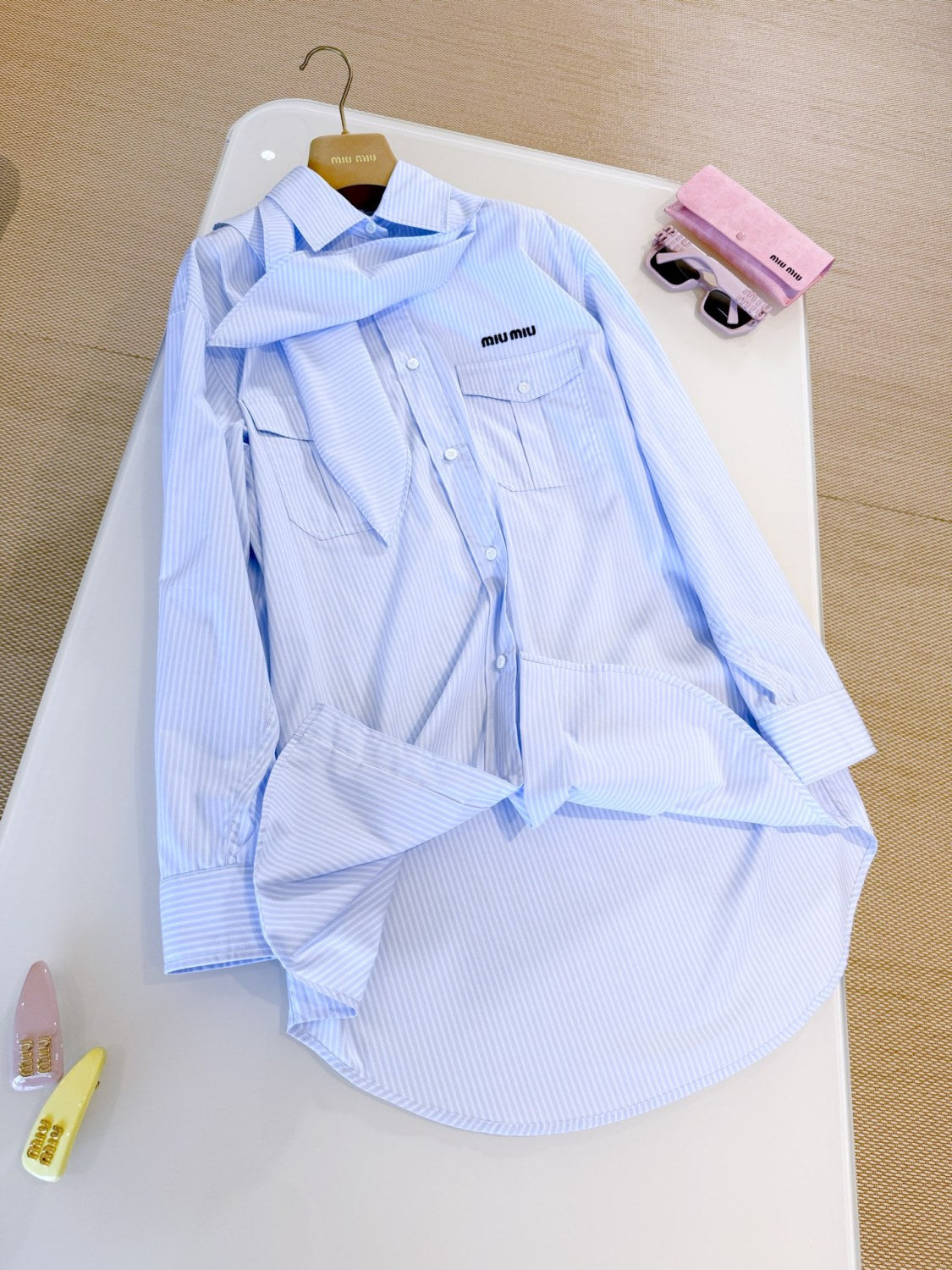 MiuMiu Women's Spring/summer Fashion Casual Scarf Striped Logo Embroidered Cotton Long Wide Cut Shirt #78398
