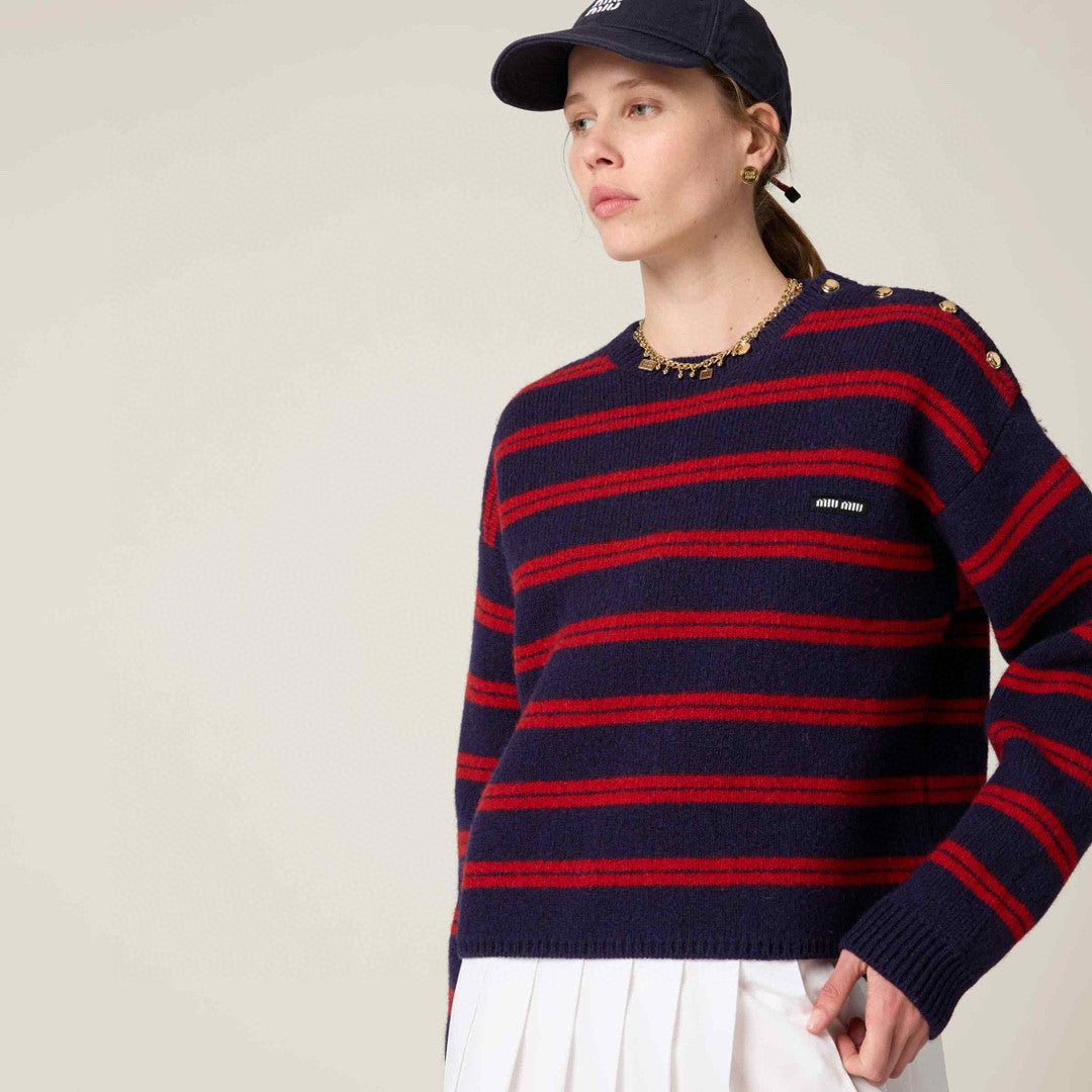 MiuMiu Women's Fall/Winter Fashion Casual Crew Neck Striped Contrast Color Cashmere Knit Sweater #79389