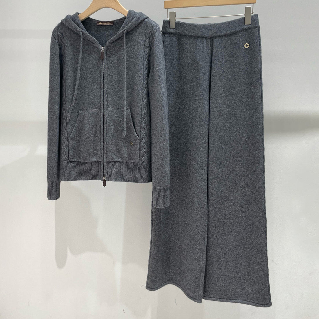 Loro Piana Women's Spring/Fall Vintage Cashmere Zipper Drawstring Solid-Color Knit Hooded Jacket & Casual Pants Suit Set Ngvp #2511