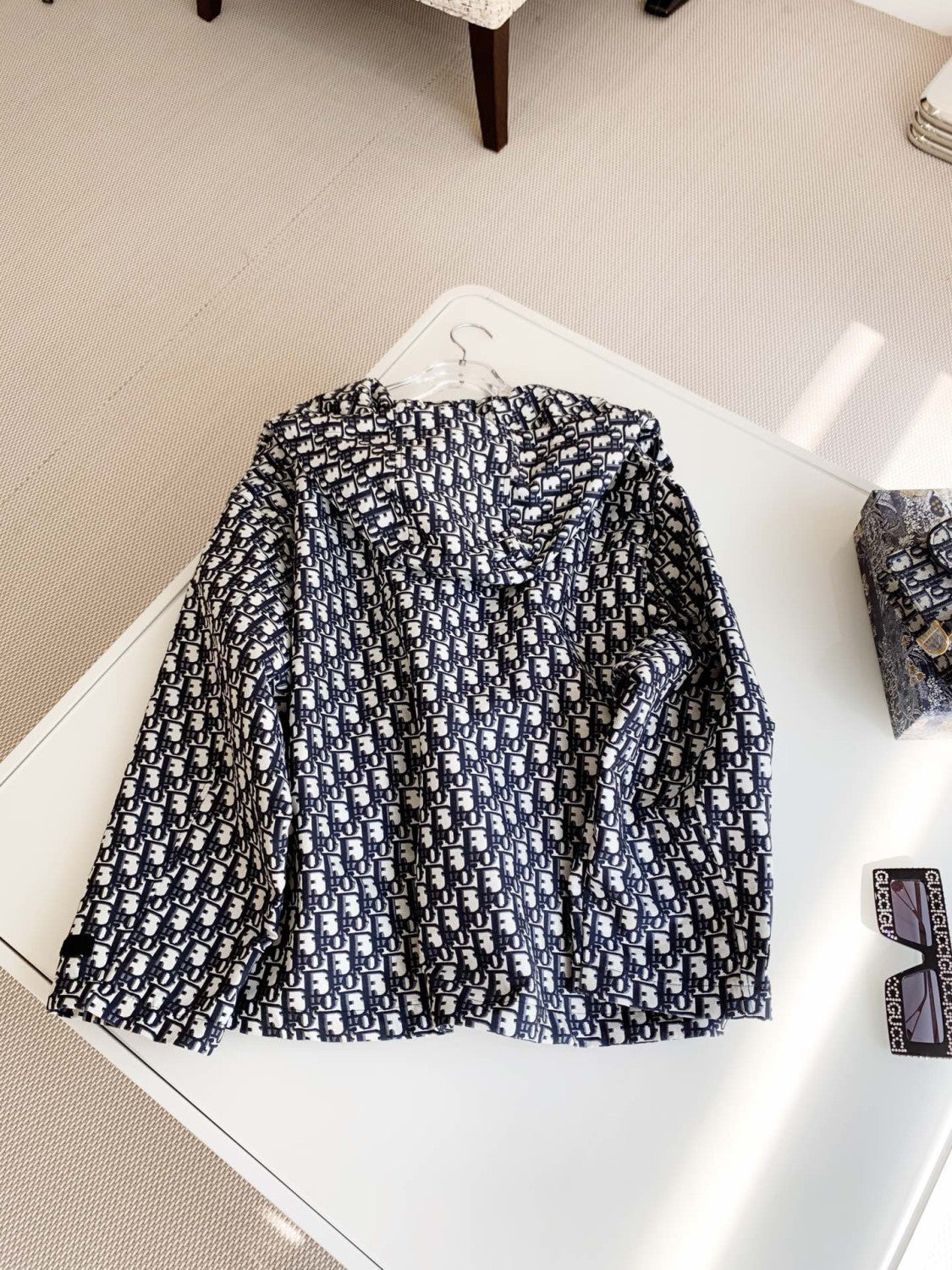 DIOR Hooded Jacket Blue Jacquard Technical Taffeta with Dior Oblique Motif #326749