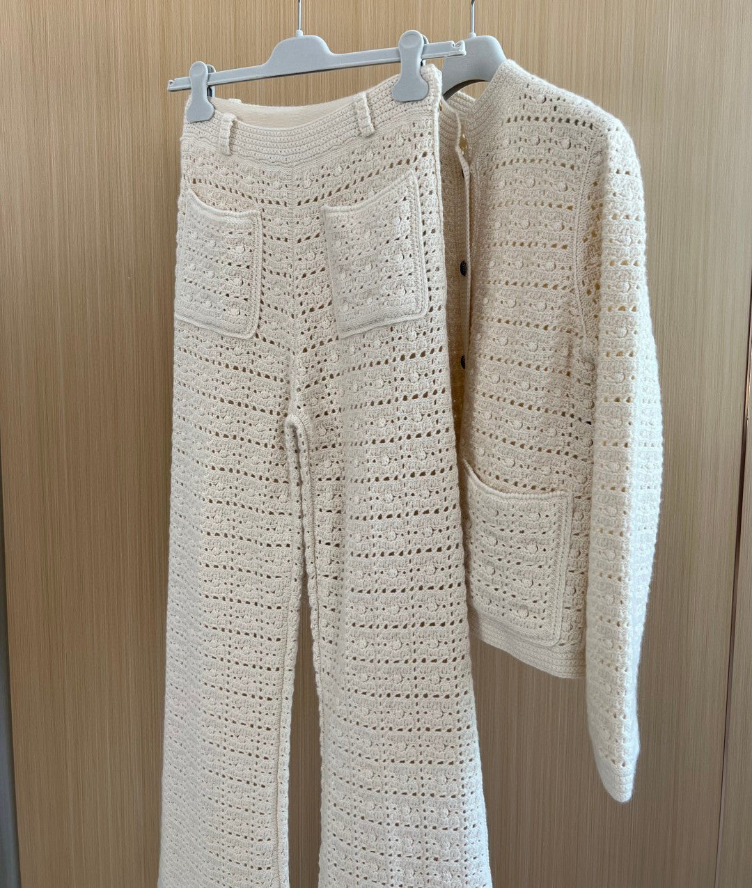 Loro Piana Women's Spring/Fall Fashion Casual Crew Neck Single Button Knit Pocket Jacket Plaid Knit Straight Leg Casual Pants Suit Set #78869