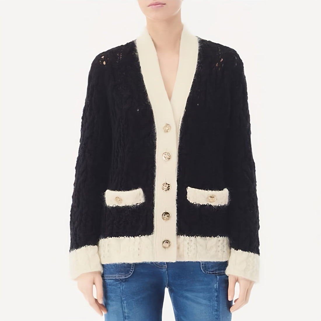 Chanel Women's Fall/Winter Wool And Mohair Blend Color-Block Single-Breasted V-Neck Long-Sleeve Knit Cardigan Ngvp #2334