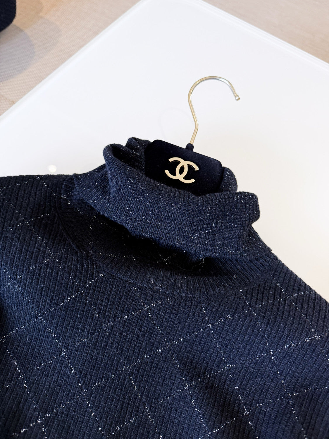 Chanel Turtleneck Pullove Sequined Wool Black Gold Silve #333816