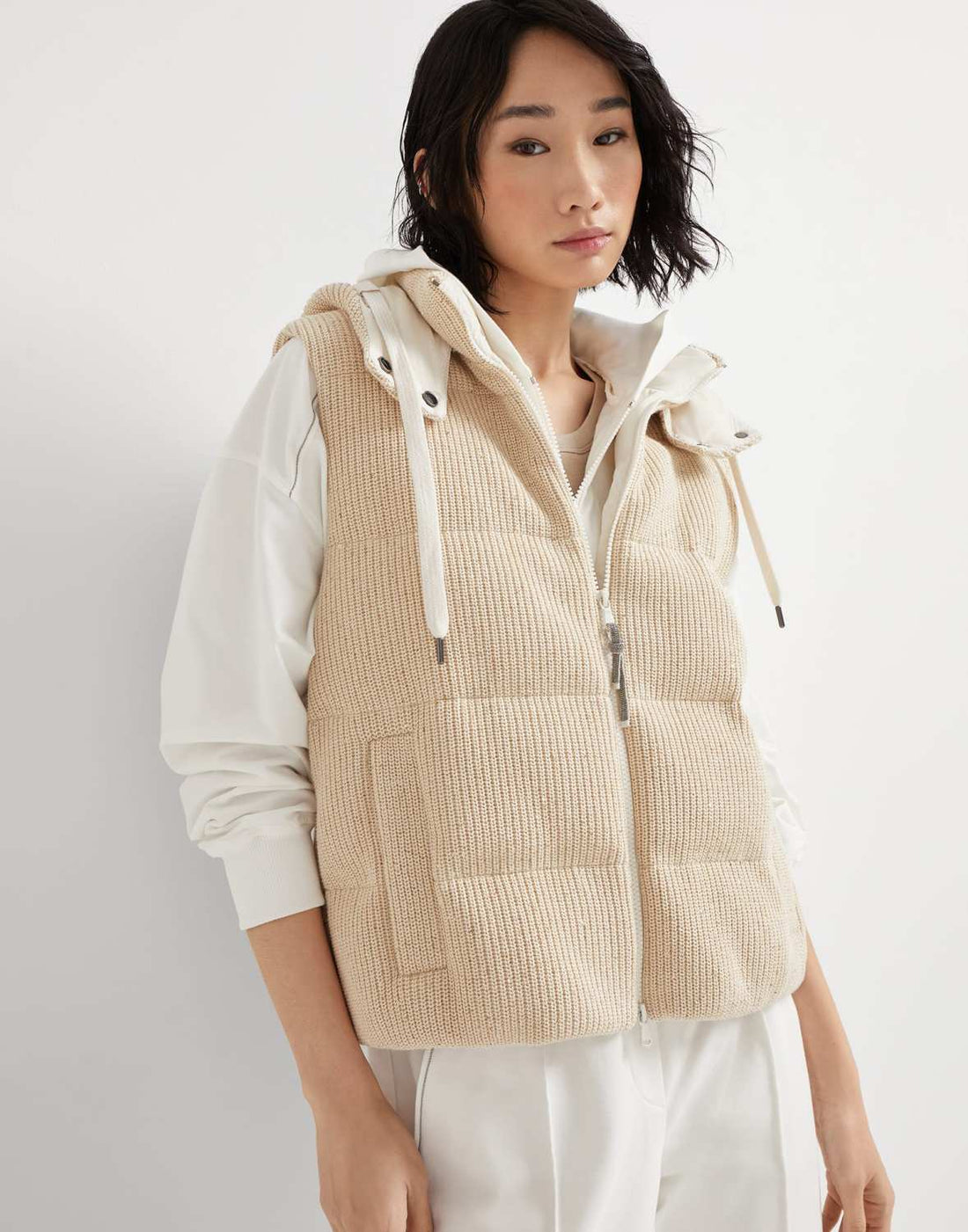 Brunello Cucinelli Women's Fall/winter Cotton British Ribbed Knit Down Vest Hooded Drawstring Sleeveless Jacket Ngvp #2417