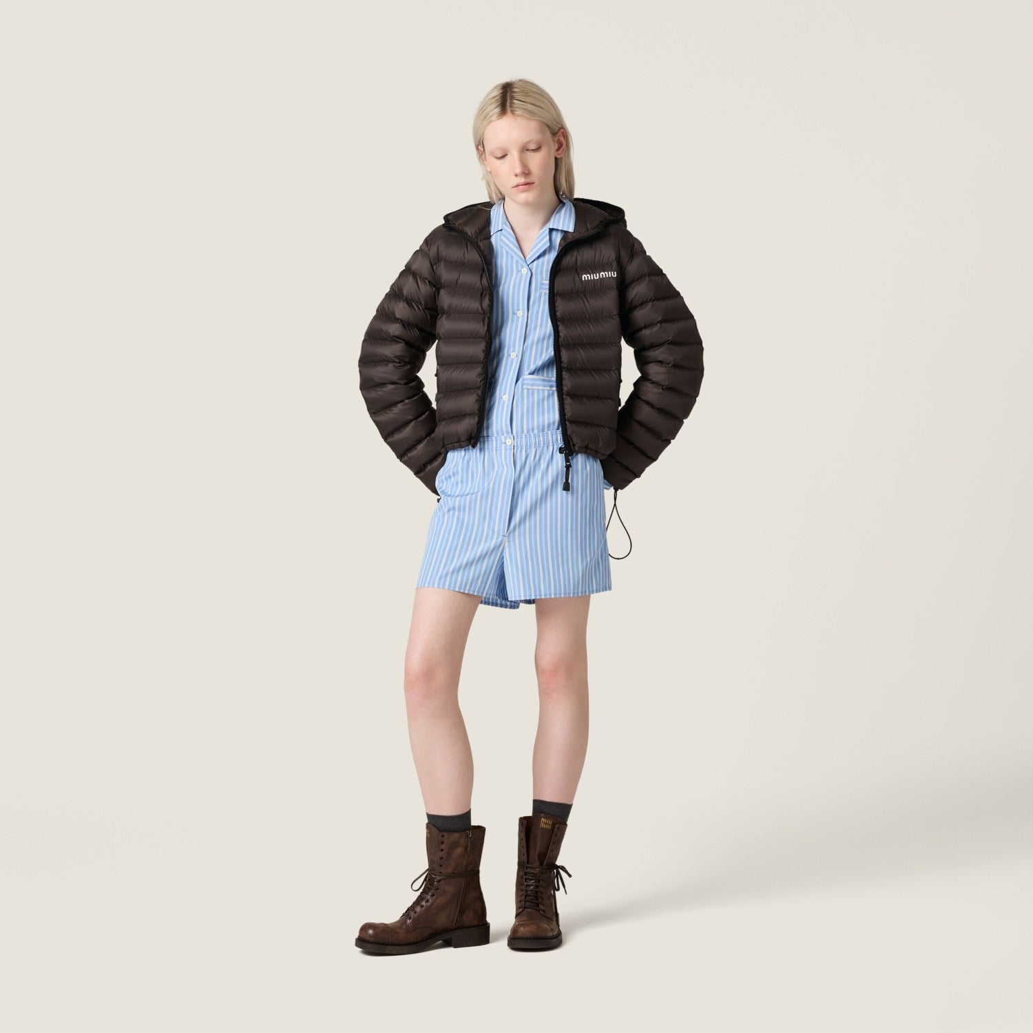 MiuMiu Women's Lightweight Pong¨¦ Down Hooded Jacket Solid Color Zipper Logo Embroidered Long Sleeve Outerwear #81545