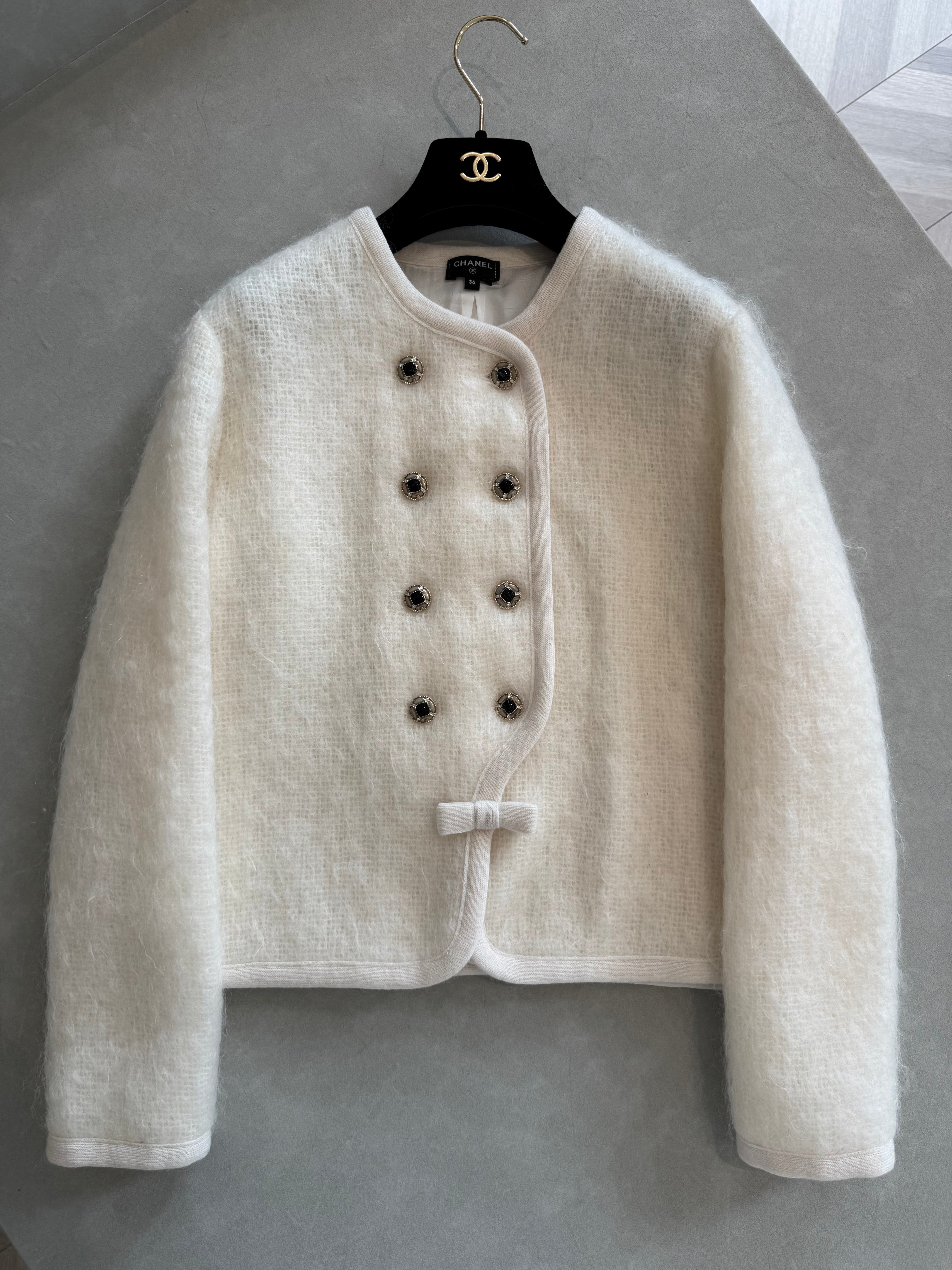 Chanel Jacket Skirt Mohair Wool Beige White #334402