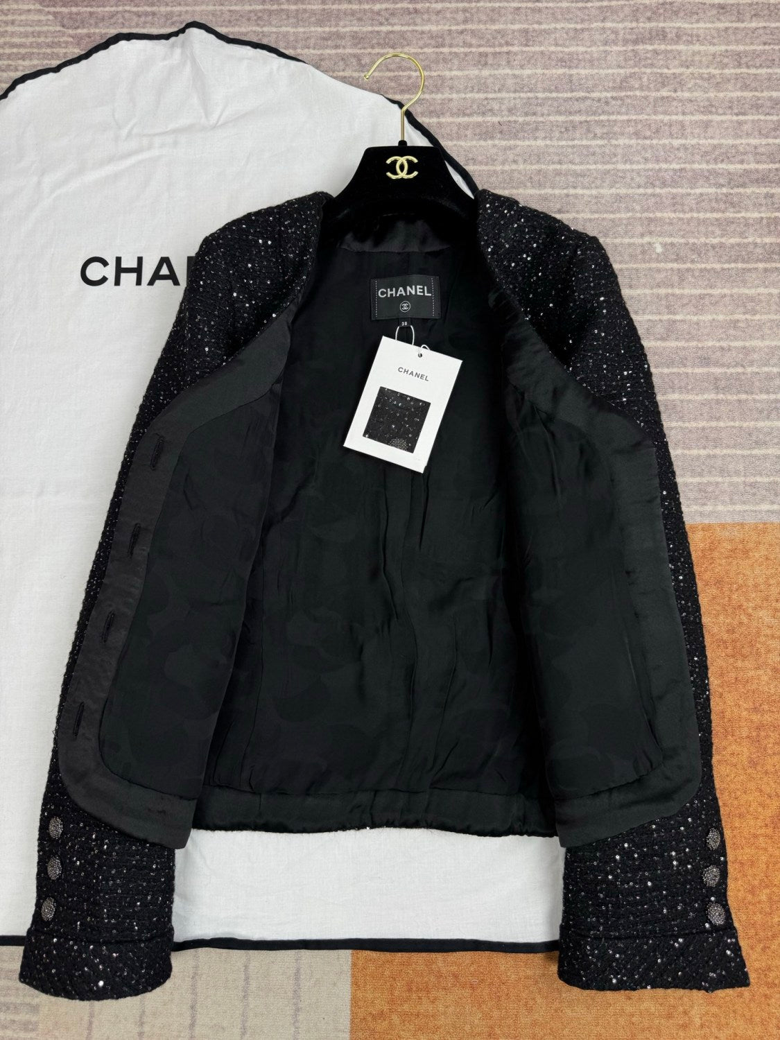 Chanel 25B Black Sequined Tweed Jacket #333126