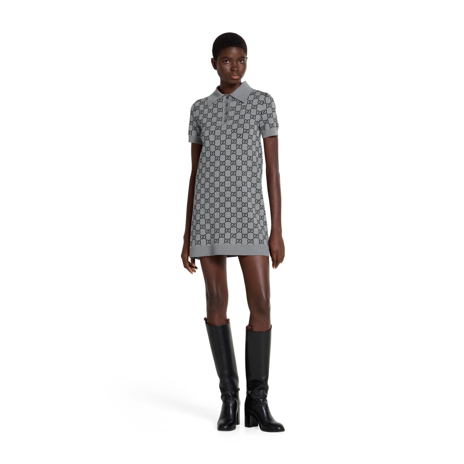 Gucci GG Wool Jacquard Polo Dress Grey Black #334214
