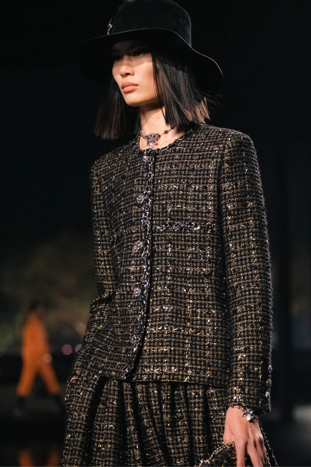 Chanel Women's Spring/autumn Vintage Suit Black And Gold Rhinestone Floral Embroidery Blend Belt Long Sleeve Jacket Pleated Halter Dress Vacation Set Ngvp #2243