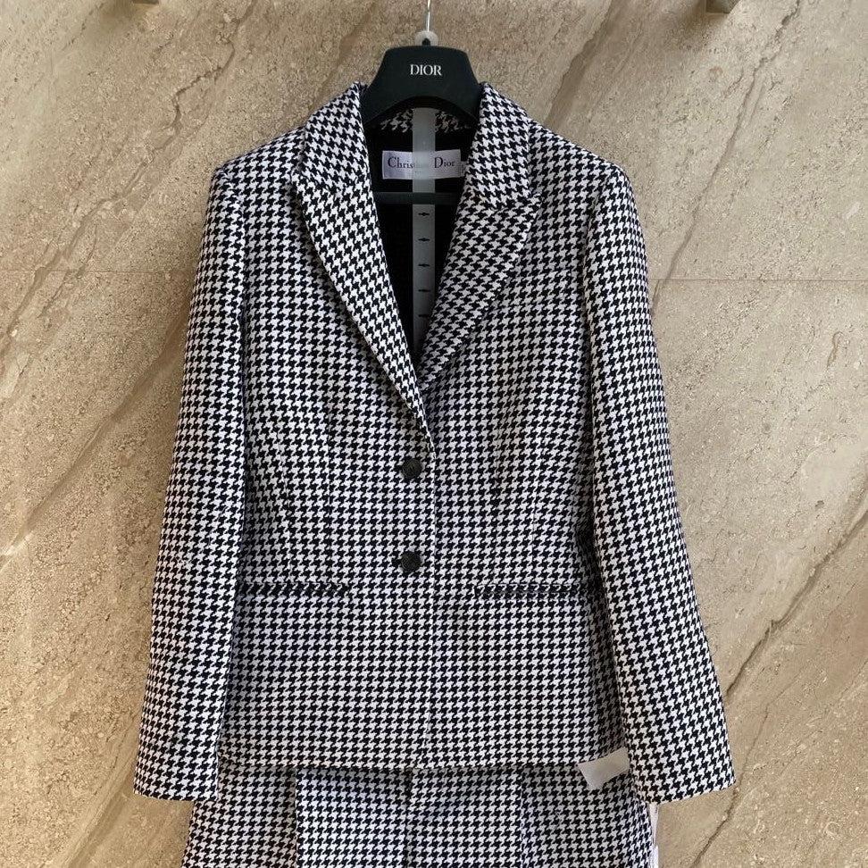 Dior Women's Stylish Classic V-Neck Single-Breasted Houndstooth Wool Blazer Jacket #78675